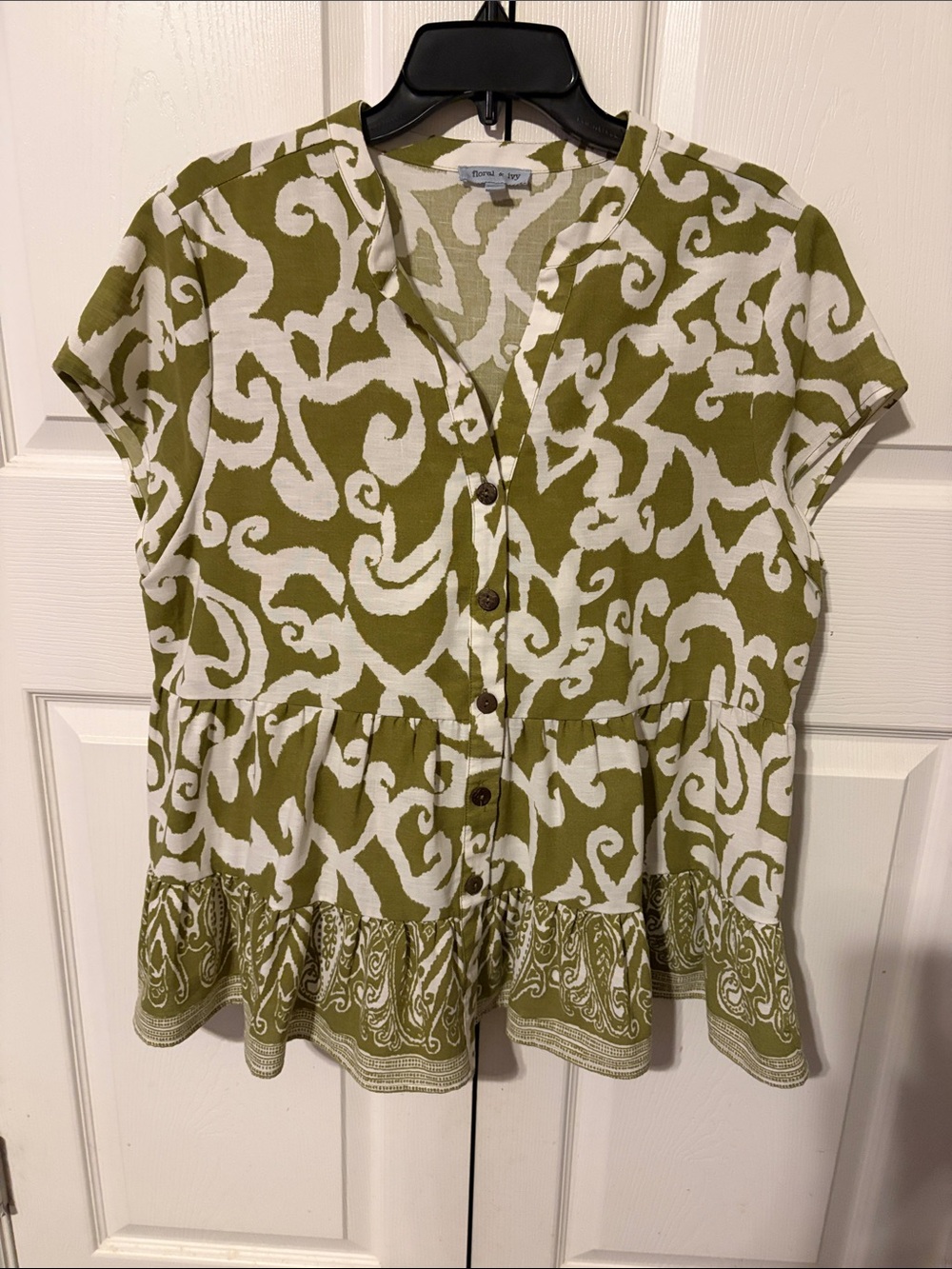 Button-Front Olive & White Printed Peplum Tunic
